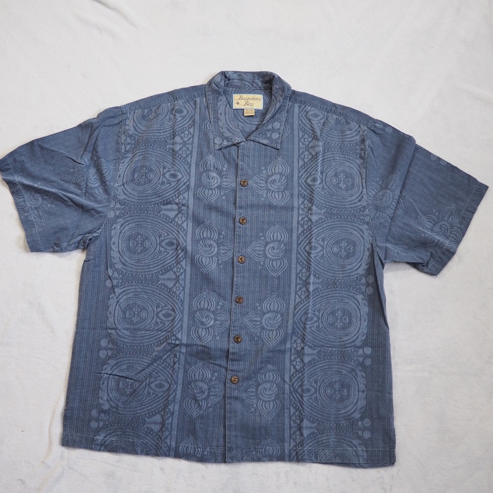 Boundary Bay Sz XL Silk Shirt Men Jacquard Impression Tropical Blue
